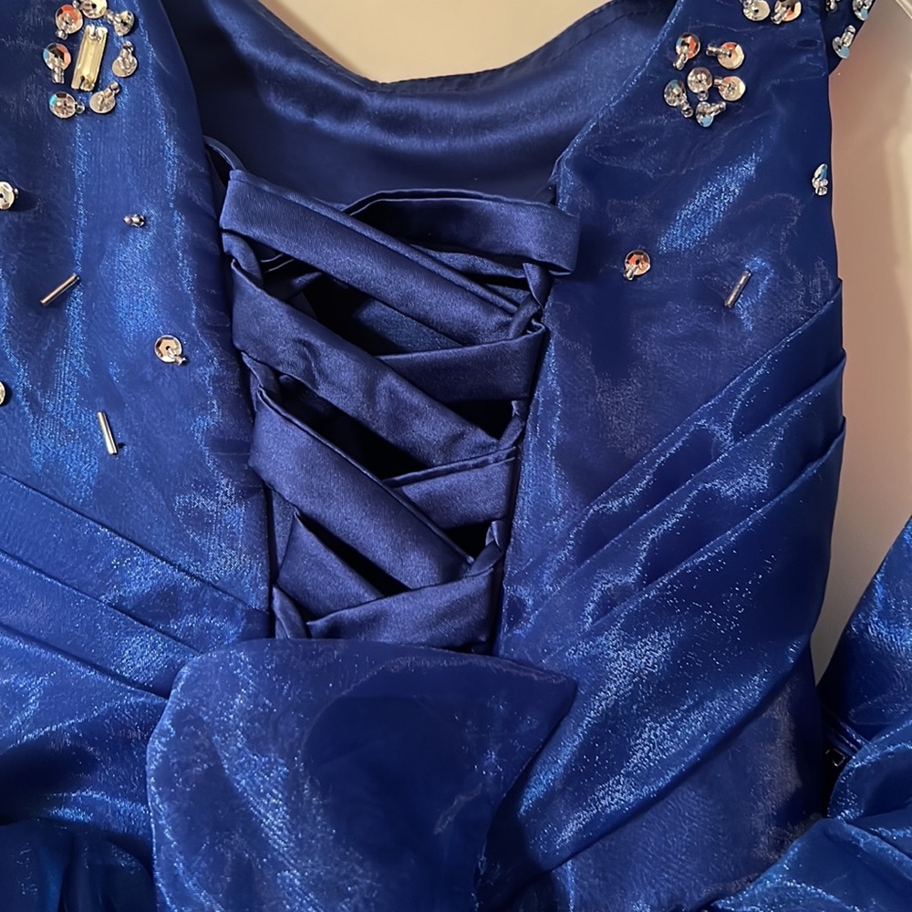 Little Girls Royal Blue Ruffle Organza Party Dress with Embellished Bodice - Picture 5 of 10